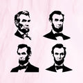 Four different black vector silhouette portraits of Abraham Lincoln, showing head and shoulders, suitable as SVG, PNG, DXF, PDF and EPS files for Cricut or graphic design - svgcosmos