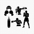 Set of boxing silhouette vectors with a boxer, gloves, headgear, and punching bag in black on a transparent grid background for crafting - svgcosmos