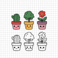 Set of six cute potted plant vectors with cactus, tree, and flower in smiling pots on a grid background for plant crafting - svgcosmos