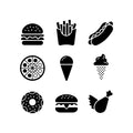 Set of fast food and dessert silhouette vectors including burgers, pizza, fries, and ice cream in black on a white background for crafting - svgcosmos
