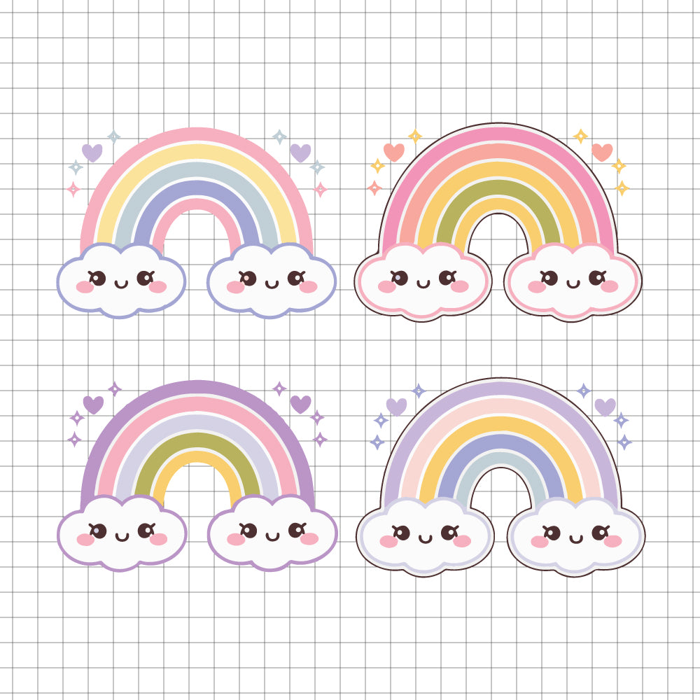 Set of four cute rainbow and cloud vectors with smiling faces and hearts. kawaii rainbow and clouds svg, happy rainbow and clouds svg cricut - svgcosmos