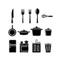 Set of kitchen utensil and appliance silhouette vectors including knife, fork, pot, and fridge in black on a white background for crafting - svgcosmos