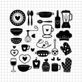 Set of kitchen baking silhouette vectors with utensils, chef hat, and heart accents in black on a transparent grid background for crafting - svgcosmos