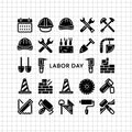 Set of Labor Day construction icons including hard hats, tools, and cones in black silhouette on a transparent grid background - svgcosmos