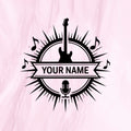 Black vector music monogram SVG featuring an electric guitar and microphone inside a circular sunburst frame with musical notes and a blank banner for custom text like 'Your Name'. - svgcosmos