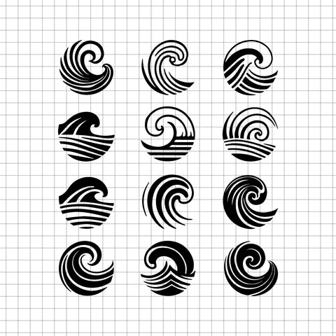 Set of 12 wave silhouette vectors with swirling ocean designs in black on a transparent grid background for crafting and decor - svgcosmos
