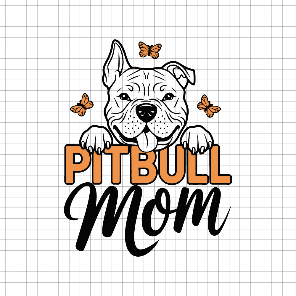 Pitbull Mom vector design with a pitbull face, butterflies, and orange text on a transparent grid background for crafting and decor, Pitbull Mom shirt - svgcosmos