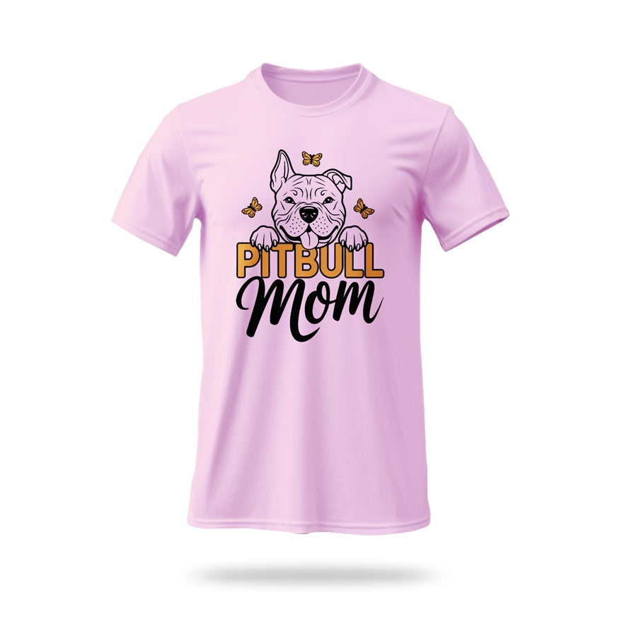 Pitbull Mom vector design with a pitbull face, butterflies, and orange text on a transparent grid background for crafting and decor, Pitbull Mom shirt - svgcosmos