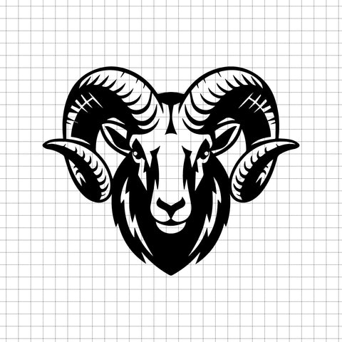 Detailed ram head silhouette vector with curved horns and bold lines on a transparent grid background for crafting and design - svgcosmos