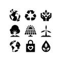 Set of eco-friendly silhouette vectors with earth, recycling, solar panel, and wind turbine in black on a white background for crafting - svgcosmos