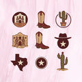 Set of Texas-themed vectors with Alamo, cowboy boots, cactus, cowboy hat, and Texas star on a pink background for Texas crafting - svgcosmos