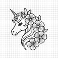Unicorn floral silhouette vector with a unicorn head and flowers in black on a grid background for magical crafting - svgcosmos