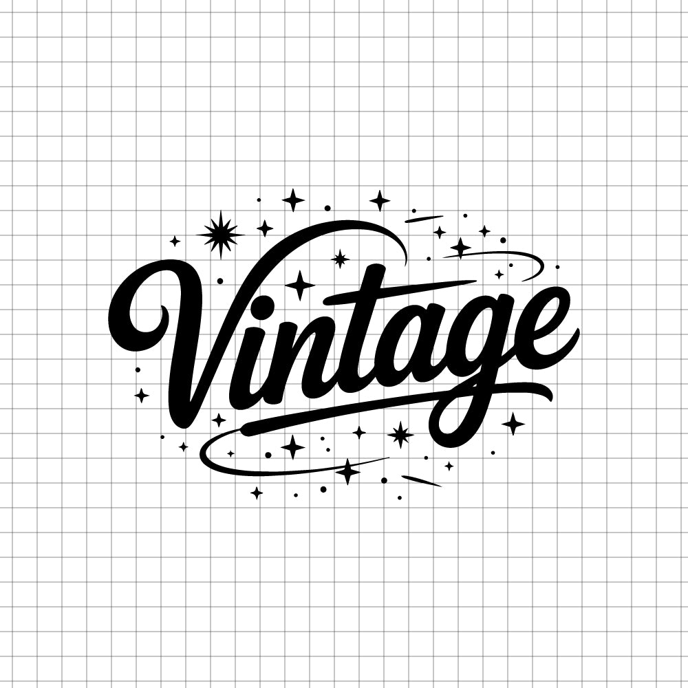 Retro "Vintage" t-shirt design with script font, stars, and swirls, perfect for nostalgic apparel and decor - svgcosmos