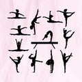 Collection of black silhouettes of female gymnasts performing various artistic and rhythmic gymnastics poses, including splits, handstands, balance beam routines, and leaps, on a white background - svgcosmos