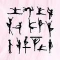 Collection of black silhouettes of female gymnasts performing various artistic and rhythmic gymnastics poses, including splits, handstands, balance beam routines, and leaps, on a white background - svgcosmos