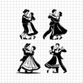 Set of four dancing couple silhouette vectors in vintage styles on a transparent grid background for crafting and decor -svgcosmos